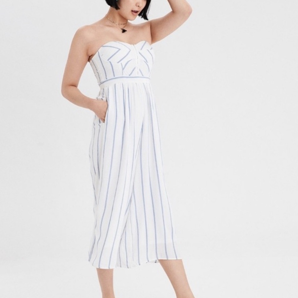 American Eagle White and Blue Striped Jumpsuit with Sweetheart Neckline
